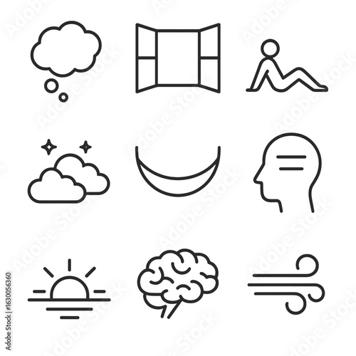 Daydream Icon Set. Outline icon set of daydream scenes: floating thought, open sky, relaxed figure, clouds and stars, hammock,