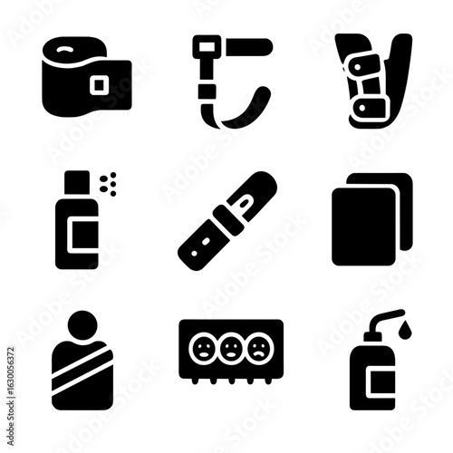 Injury Stabilization Icons. Solid, filled icons set of injury stabilization tools: pressure bandage,