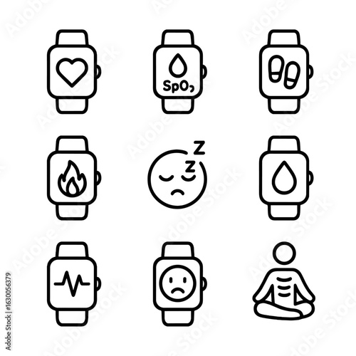 Smartwatch Health Icons. Outline icon set of smartwatch health tracking: heart rate, blood oxygen, steps, calories burned, sleep