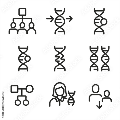 Genetic Inheritance Icons. Outline icon set of genetic inheritance: family tree, gene transfer, dominant gene, recessive gene,