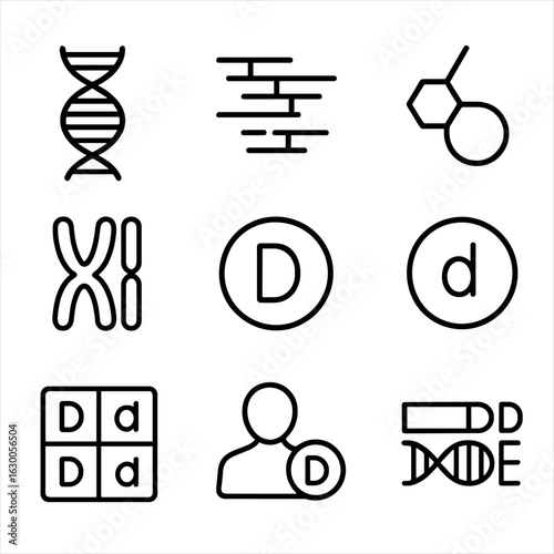 Genetics and Architecture Icons. Outline icon set of genetics and heredity symbols: double helix, gene sequence, nucleotide,