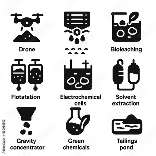 Innovative Gold Mining Icons. Solid, filled icons set of innovative gold mining technology: drone surveying,