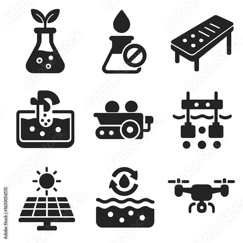 Innovative Metal Recovery Icons. Solid, filled icons set of innovative precious metal recovery: bioleaching,