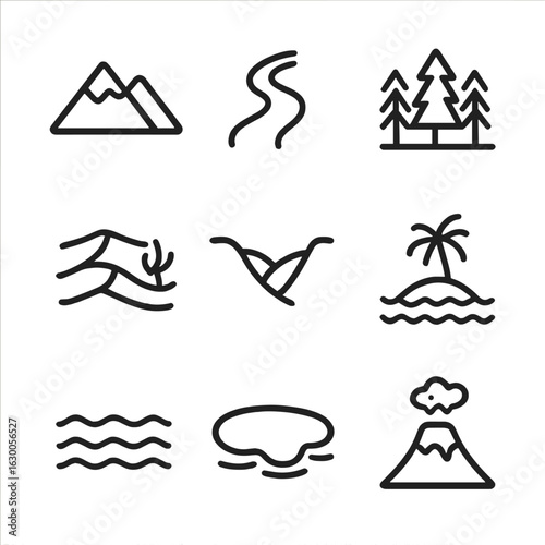 Geographic Icon Set. Outline icon set of geographical features: mountain, river, forest, desert, valley, island, ocean, lake,
