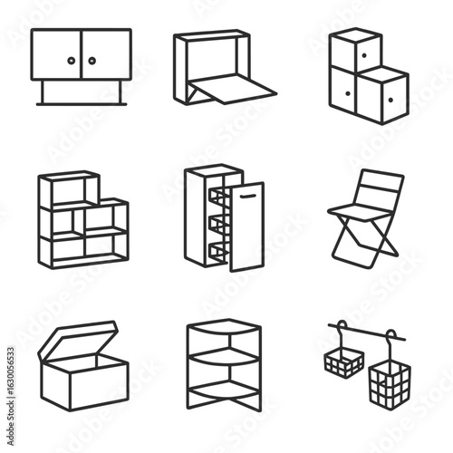 Innovative Storage Icons. Outline icon set of innovative storage: wall-mounted cabinets, fold-down desk,