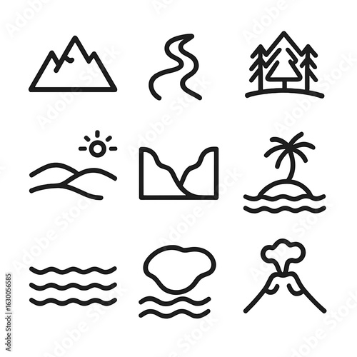Geographic Icon Set. Outline icon set of geographical features: mountain, river, forest, desert, valley, island, ocean, lake,