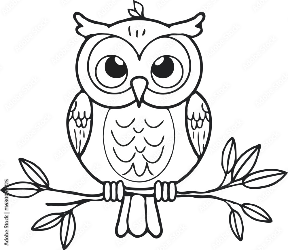 Fototapeta premium Whimsical Line Art of a Cartoon Owl Perched on a Branch with Simple Leaves, Perfect for Coloring Books