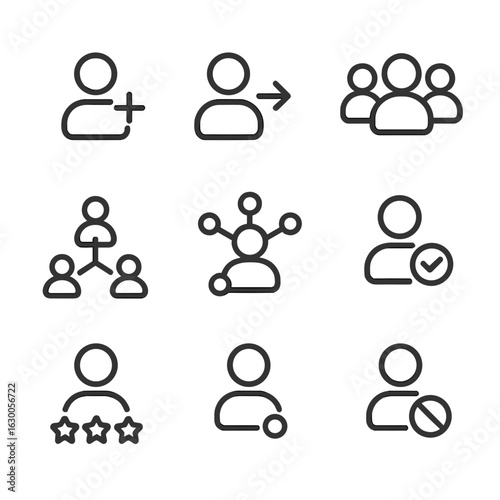 Social Avatar Icons. Outline icon set of social avatars: friend request, follow user, user group, avatar connection, user network,