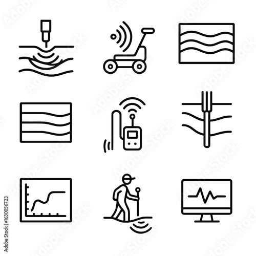 Geological Echo Icon Set. Outline icon set of echo in geology: seismic echo reflection, ground-penetrating radar echo, echo