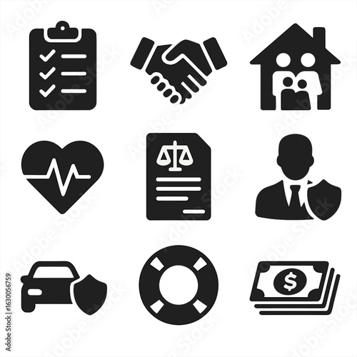 Insurance Icons Grid. Solid, filled icons set of Insurance consultation: clipboard with checklist, handshake,