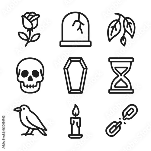 Death Icon Set. Outline icon set of death and decay: black rose, cracked tombstone, wilted leaves, skull, coffin, hourglass, raven