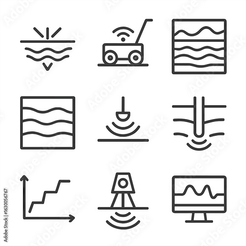 Geological Echo Icon Set. Outline icon set of echo in geology: seismic echo reflection, ground-penetrating radar echo, echo