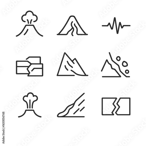 Geological Forces Icons. Outline icon set of geological forces: volcanic crater, lava flow, seismic waves, fault line, mountain