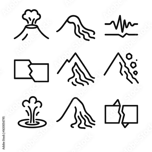 Geological Forces Icons. Outline icon set of geological forces: volcanic crater, lava flow, seismic waves, fault line, mountain