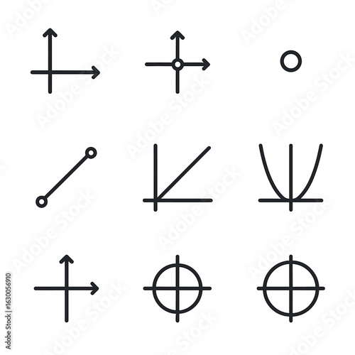 Geometry Icon Grid. Outline icon set of coordinate geometry: Cartesian plane, axis, origin, point, line segment, slope, parabola,