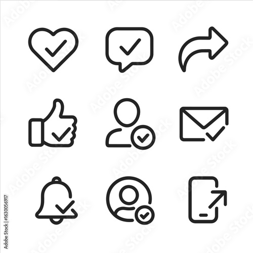 Social Media Icons. Outline icon set of tick in social media: likes, comments, shares, post liked, follower count increase,