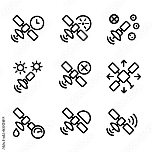 Geostationary Challenges Icons. Outline icon set of geostationary orbital challenges: signal delay, radiation exposure, orbital