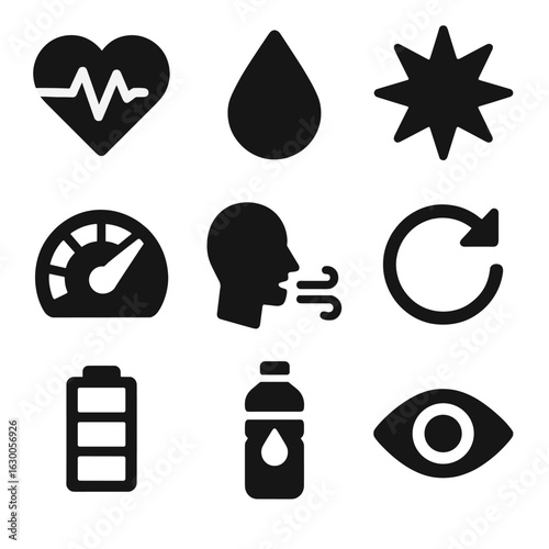 Intense Workout Icons. Solid, filled icons set of intense workout zones: heart rate icon, sweat drop, energy