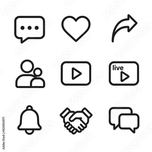Social Media Icons. Outline icon set of content creator social interaction: comments, likes, shares, followers, subscribers, live
