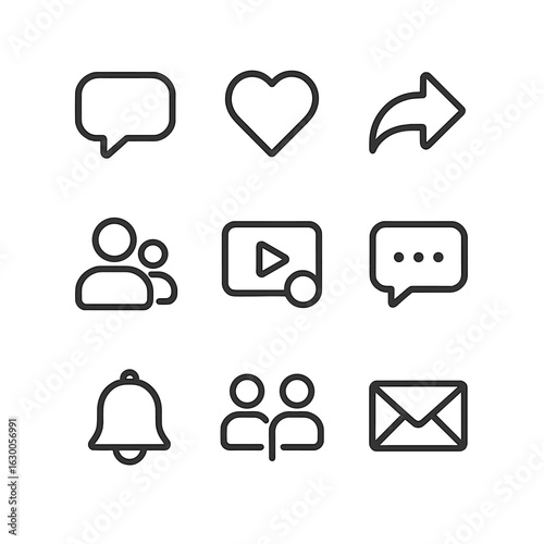 Social Media Icons. Outline icon set of content creator social interaction: comments, likes, shares, followers, subscribers, live