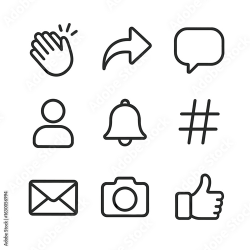 Social Media Icons. Outline icon set of clapping and social media: like button, share icon, comment bubble, follower, notification