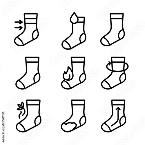 Sock Health Icons. Outline icon set of sock health benefits: compression therapy, moisture control, arch support, blister