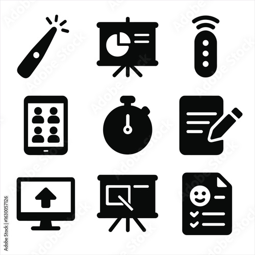 Interactive Presentation Icons. Solid, filled icons set of interactive presentation tools: laser pointer,