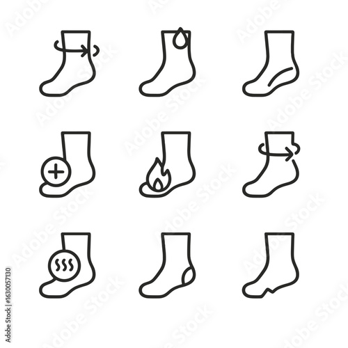 Sock Health Icons. Outline icon set of sock health benefits: compression therapy, moisture control, arch support, blister