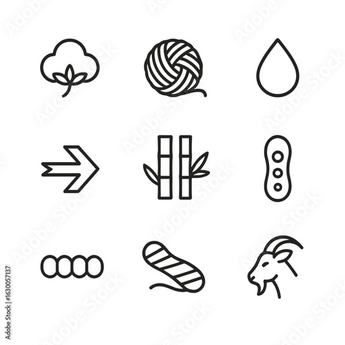 Sock Material Icons. Outline icon set of sock materials: cotton, wool, nylon, polyester, spandex, bamboo fiber, acrylic, silk