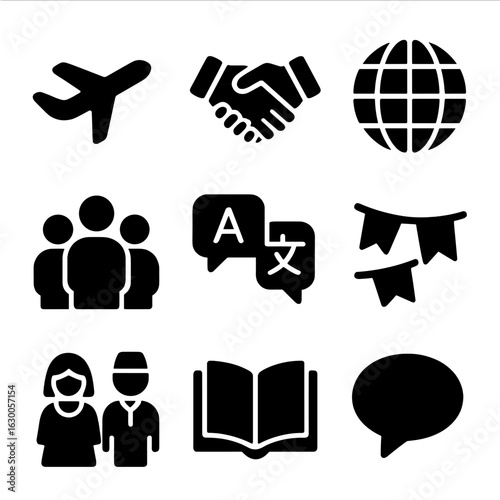 Intercultural Icons Grid. Solid, filled icons set of Intercultural exchange programs: airplane, handshake,
