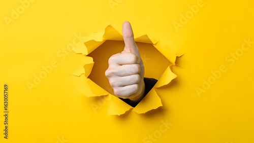 Thumb Up Gesture Breaking Through Bright Yellow Paper Hole