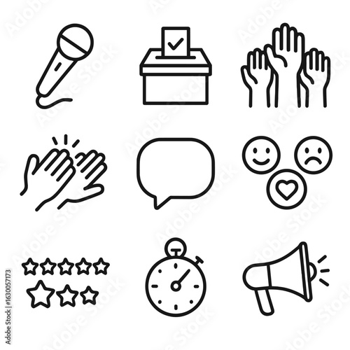 Interactive Icons Set. Outline icon set of interactive audience participation: microphone, voting box, raised