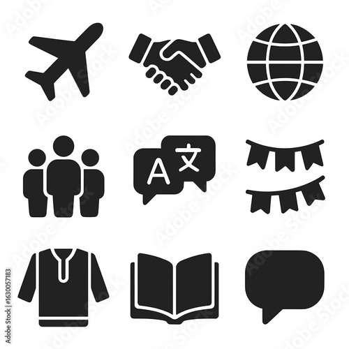 Intercultural Icons Grid. Solid, filled icons set of Intercultural exchange programs: airplane, handshake,