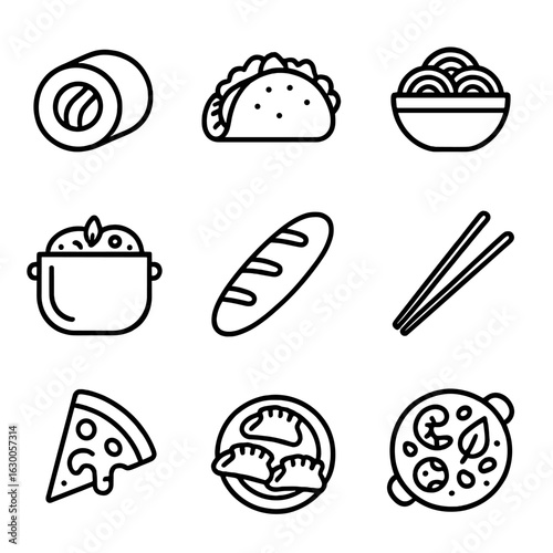 International Cuisine Icons. Outline icon set of international cuisine recipes on screen: sushi roll, taco,
