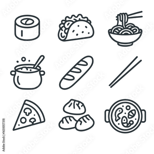 International Cuisine Icons. Outline icon set of international cuisine recipes on screen: sushi roll, taco,