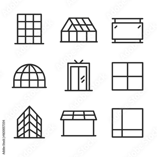 Glass Architecture Icons. Outline icon set of glass-like architectural features: glass facade, glass roof, glass railing, glass