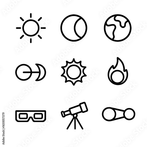 Solar Eclipse Icons. Outline icon set of solar eclipse elements: sun, moon, earth, eclipse path, corona, solar flare, eclipse