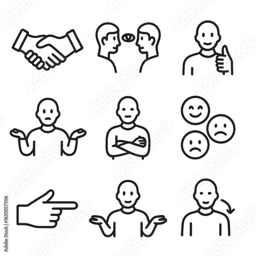 Interpersonal Icon Set. Outline icon set of interpersonal communication: handshake, eye contact, thumbs up,