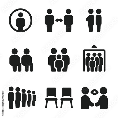 Interpersonal Space Icons. Solid, filled icons set of interpersonal space: personal bubble, arm’s length
