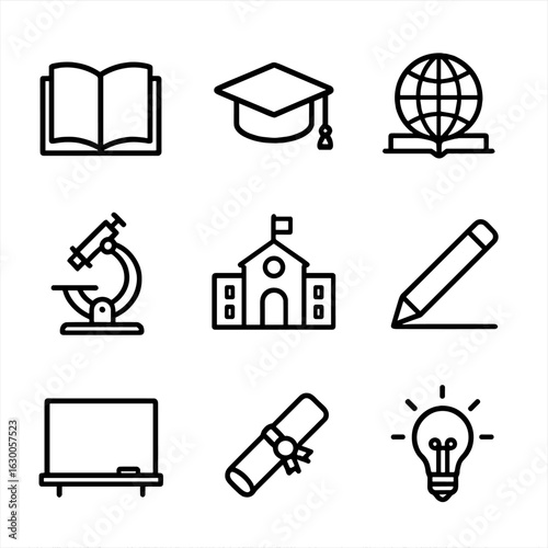 Global Education Icons. Outline icon set of global education and knowledge: book, graduation cap, globe with book, microscope,