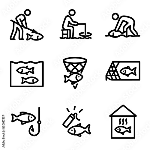 Global Fishing Icons. Outline icon set of catch methods in different cultures: spear fishing, ice fishing, hand gathering, fish