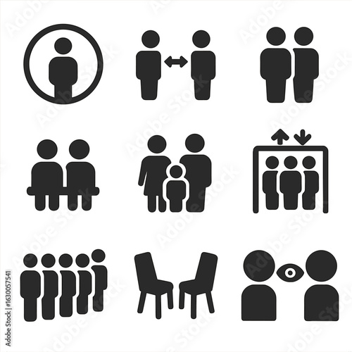 Interpersonal Space Icons. Solid, filled icons set of interpersonal space: personal bubble, arm’s length