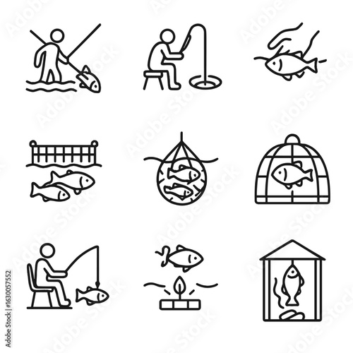 Global Fishing Icons. Outline icon set of catch methods in different cultures: spear fishing, ice fishing, hand gathering, fish