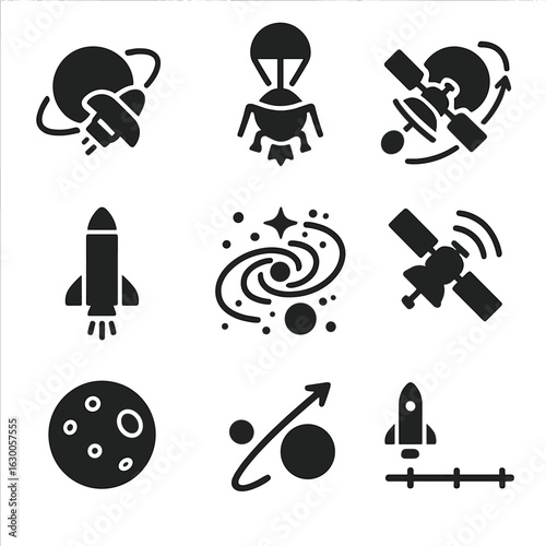 Interplanetary Probe Icons. Solid, filled icons set of interplanetary probes: orbit insertion, probe