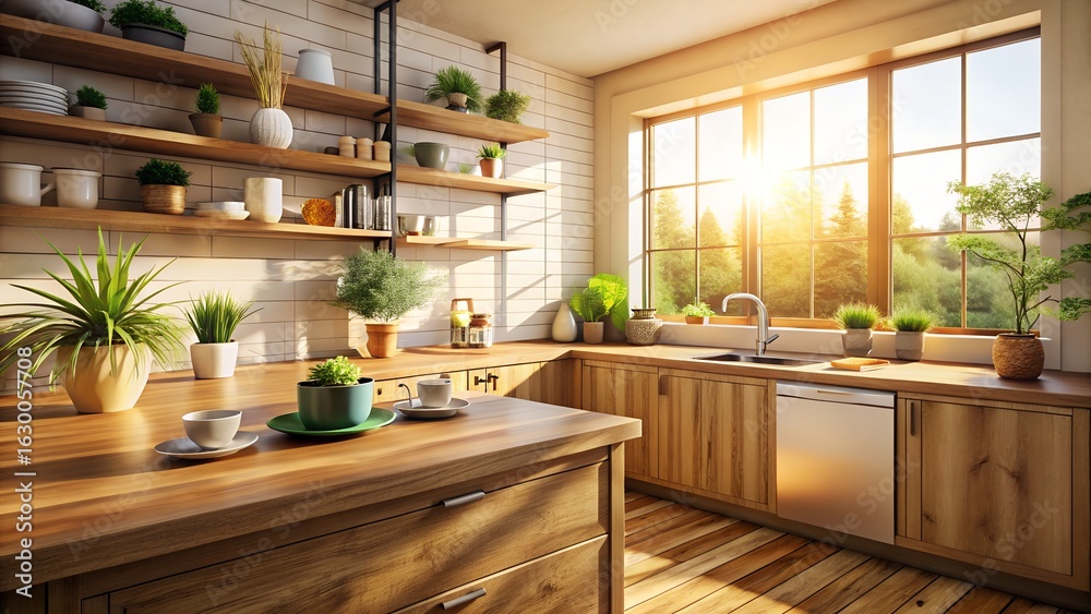 Fototapeta premium Warm, sunlit modern kitchen with wooden cabinetry, island, and abundant potted plants.