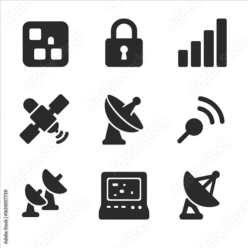 Interstellar Icons Grid. Solid, filled icons set of interstellar data exchange: data packet, encryption lock,