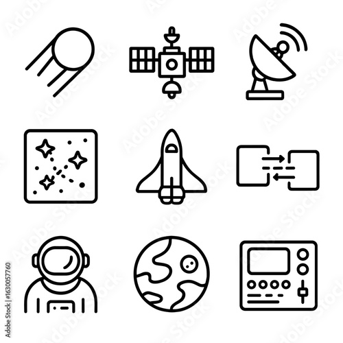 Interstellar Mission Icons. Outline icon set of interstellar missions: probe, satellite, communication antenna
