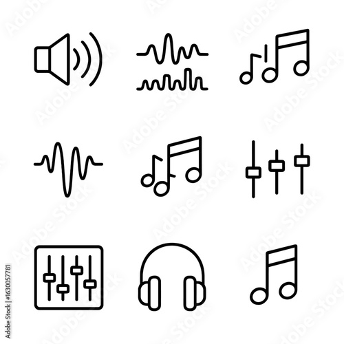 Sound Effects Icons. Outline icon set of sound and music effects: echo effect, reverb, delay, distortion, chorus, equalizer, mixer