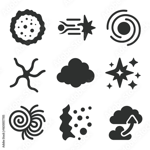 Interstellar Phenomena Icons. Solid, filled icons set of interstellar phenomena: supernova remnant, pulsar