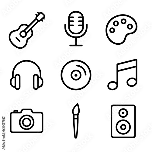 Good Vibes Icon Set. Outline icon set of good vibes music and arts: guitar, microphone, paint palette, headphones, vinyl record,